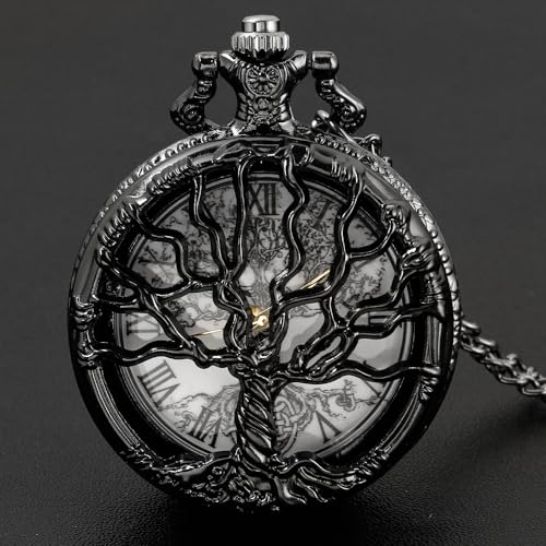 Tiong Pocket Watch Hollow Tree Design Roman Numerals Quartz with Chain Birthday Gifts(Black)