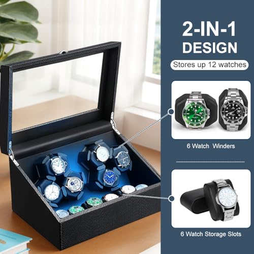 J&T Technology Watch Winder for Automatic Watches,Automatic Watch Winder with LED Light,6 Watch Winder + 6 Storage Case with Quiet Motor for Man/Woman's Watches(PU Snake Skin)