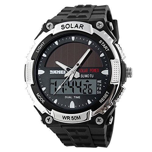 MASTOP Solar Energy Watch led Luminous Indication 2 Time Zone 50m Waterproof Watch(Silver)