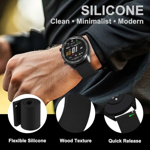 WOCCI 22mm Magnetic Watch Band, Wood Grain Silicone, Quick Release (Black)