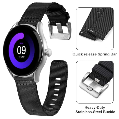 ANNEFIT Quick Release Watch Bands 20mm, Military Nylon Watch Strap for Men, Heavy Duty Stainless Steel Brushed Silver Buckle (Black)