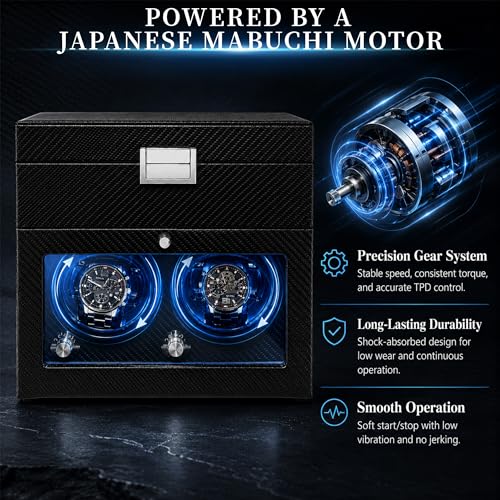 Lieinw Automatic Watch Winder for Rolex and Auto Watches, Leather Double Winding Watch Box + 6 Storage Slots with Japanese Quiet Motor & Blue LED, Rotating Watch Case Used for Storage, Display & Gifts