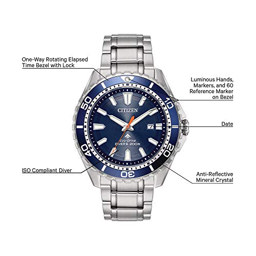 Citizen Men's Promaster Sea Eco-Drive Stainless Steel Watch, 3-Hand Date, One-Way Rotating Bezel, ISO Compliant, Luminous Hands and Markers, Blue Dial, 45mm (Model: BN0191-55L)