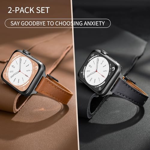 SEURE 2-pack Leather Band Compatible with Apple Watch Bands for women 38mm 40mm 41mm 42mm 44mm 45mm 46mm,Top Genuine Leather Wristband Slim Thin Strap for iWatch SE Series 11/10/9/8/7/6/5/4/3/2/1