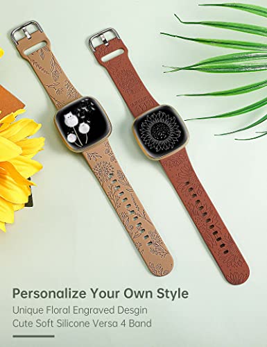 Minyee 2 Packs Floral Engraved Band Compatible with Fitbit Versa 4/Versa 3/Sense 2/Sense Band Women, Cute Silicone Dandelion Sunflower Design Soft Sport Fancy Summer Strap for Versa 4