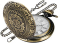 Realpoo Bronze Large Decorative Flower Pattern Pocket Watch White Roman Numeral Scale Quartz Pocket Watches for Men with Chain