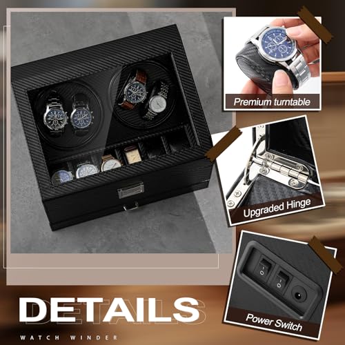 Liliaafar Watch Winder for Automatic Watch, Rotating Watch Display Case Quiet Running Motor Watches Jewelry Box with Drawer for Men & Women Gift(Black,Carbon Fiber Leather,6 Slots)