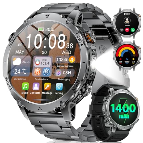 LIGE Military Smart Watch for Men, 1400mAh 60-Days Battery, 1.85" HD Smartwatch with LED Flashlight, 100+ Sports Mode, IP68 Waterproof, Pedometer, Fitness Watch for Android iOS
