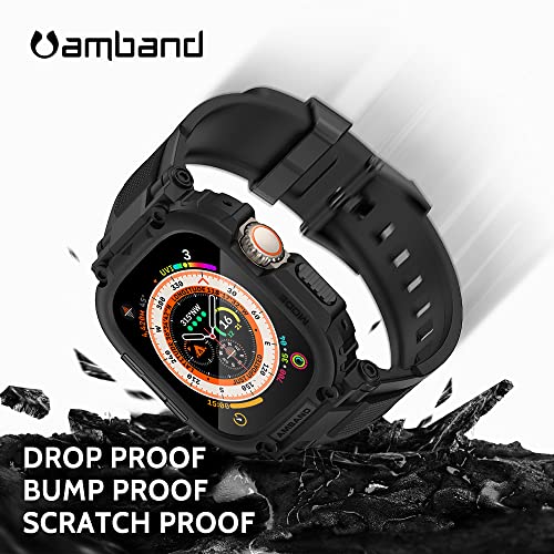 amBand Bands Case Screen Protector Compatible with Apple Watch Ultra 3/2/1 49mm for Men, M1 Sport Series Rugged Cover Strap and 9H Tempered Glass, Military Protective Bumper for iWatch 49 mm Men Black