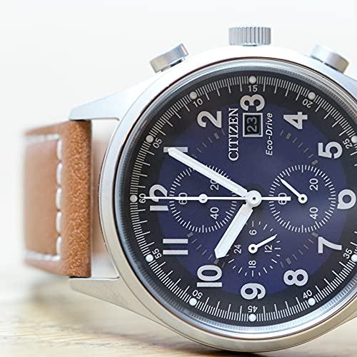 CITIZEN Men's Eco-Drive Weekender Garrison Chronograph Field Watch in Stainless Steel with Brown Leather Strap, Blue Dial (Model: CA0621-05L)