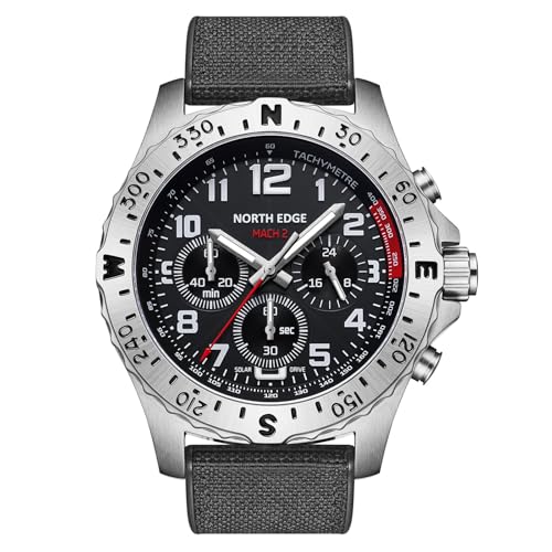 NORTH EDGE Men’s Solar Powered Watch with TPR & Nylon Strap, Quartz Analog Watch, 50M Water Resistant, 316 Stainless Steel Case, Hardened Mineral Glass, 22mm Strap