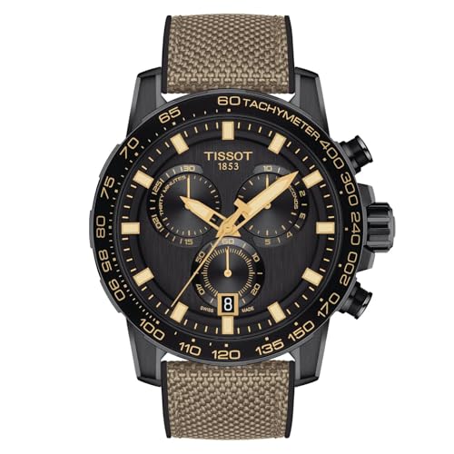 Tissot Mens Supersport Chrono 316L Stainless Steel case with Black PVD Coating Swiss Quartz Watch, Black, Beige, Textile, 22 (T1256173705101)