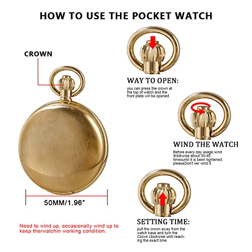 Whodoit Smooth Double Open Cover Mechanical Pocket Watch, Unisex, Roman Dial, Stainless Steel, Chain, Box