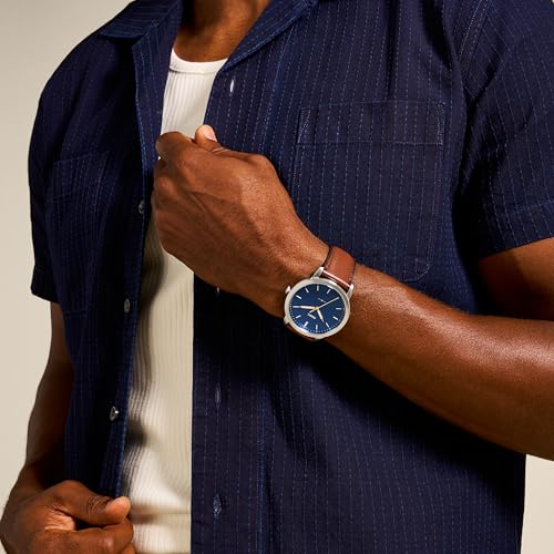 Fossil Men's Minimalist Quartz Stainless Steel and Brown Leather Three-Hand Watch for Men, Color: Silver, Luggage
