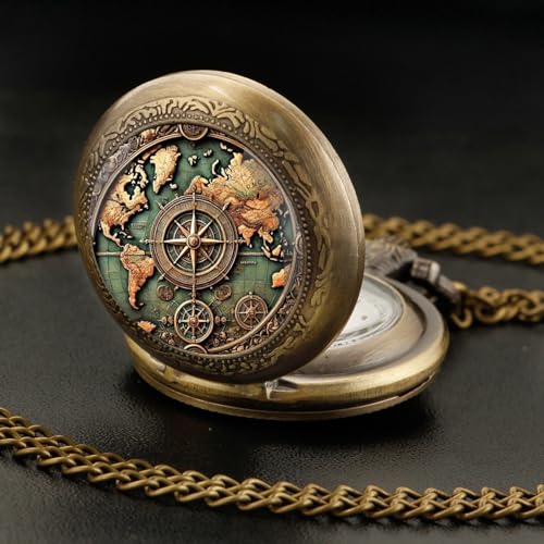YIHAOYH Vintage Pocket Watch for Women Men Dragon Eagle Crow Design Bronze Quartz Pocket Watches with Chain Pendant Gift with Box (Bronze-map)