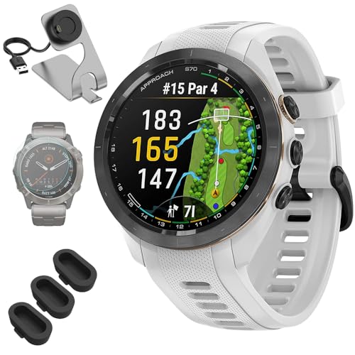 Garmin 010-02746-00 Approach S70 42 mm Premium GPS Golf Watch, White Band Bundle with Deco Essentials Charging Dock, 3X Silicone Dust Cover and 1.4 Inch Screen Protector