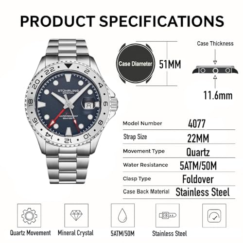 Stuhrling Original Equinox GMT 4077 Men’s 43mm Quartz GMT Watch – Dual-Time Movement, Bi-Directional Bezel, Stainless Steel Bracelet