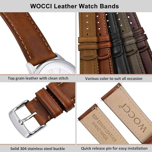 WOCCI 18mm Watch Band for Men and Women, Genuine Leather - Top Grain Leather, Quick Release Strap, Silver Buckle (Golden Brown)