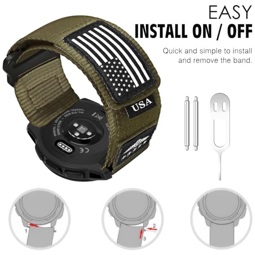 Abanen Rugged Tactical Nylon Watch Band for Garmin Instinct 3 E 45mm/ Instinct 2 Solar, Sport Strap with Stars-Stripes Flag for Instinct E 45mm/ Tactical/Tide/Esports (Green)