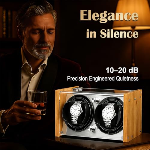 Watch Winder Smith Quiet Bamboo Watch Winder 2 for Automatic Watches, Vertical Rest Timer Function for Easy Glance