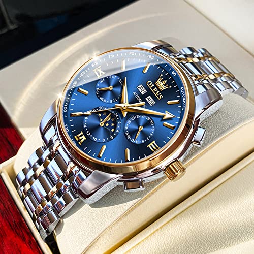 OLEVS Automatic Men Watch Self Winding Mechanical Luxury Dress Moon Phase Stainless Steel Waterproof Luminous Calendar Wrist Watch (Blue)