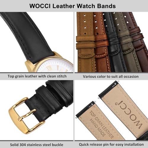 WOCCI 20mm Watch Band for Men and Women, Genuine Leather - Top Grain Leather, Quick Release Strap, Golden Buckle (Black)