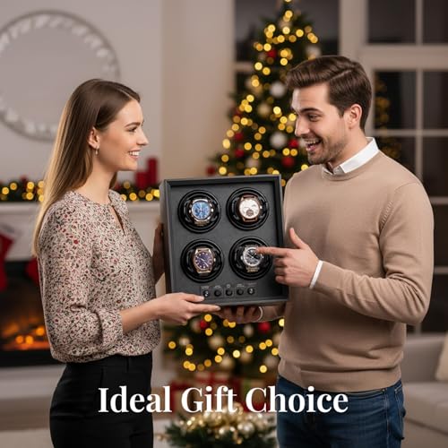 Mcbazel Watch Winder for 4 Automatic Watches, 5 Rotation Modes Watch Box Case with Super Quiet Motor, Ideal Gift for Men, Beloved, Women, Father - Ebony Pattern