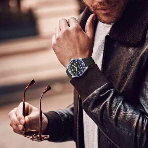 BUREI Men's Dive Watch, 200M Waterproof Analog Quartz Stainless Steel Fashion Classic Work Business Dress Wrist Watch for Men with Auto Date (Blue-Black, Silicone)