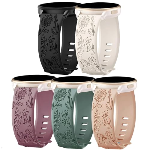 TUCOMO 5 Pack Floral Engraved Watch Bands Compatible with Garmin Vivoactive 6/Vivoactive 5/3/3 Music, 20mm Soft Silicone Sport Wristband Straps for Garmin Venu SQ/Forerunner 55/165/245 Women