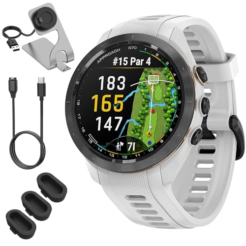 Garmin 010-02746-00 Approach S70 42 mm Premium GPS Golf Watch, White Band Bundle with Deco Essentials Charging Dock, 3X Silicone Dust Cover and USB Type C Charging and Sync Cable