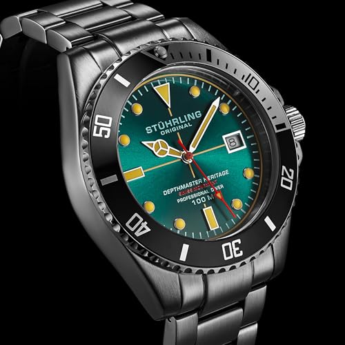 Stuhrling Original Depthmaster Heritage Diver Men’s Watch 42mm Stainless Steel, Swiss Quartz Dive Watch for Men, Teal Dial, 100M Water Resistant, Rugged Outdoor Watch for Swimming & Daily Use
