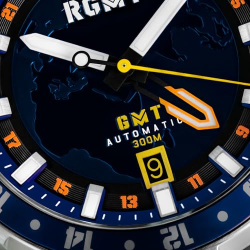 RGMT Men's 46mm Globemaster GMT Automatic Mission Blue Watch with Solid Stainless Steel Bracelet RG-8067-44