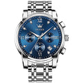 OLEVS Men's Diamond Watches Blue Dial Roman numerals Chronograph Watches for Men Stainless Steel Band Fashion Luminous Hands Multi-Function Quartz Watch Water Resistant Silver Tone Men Watch with Date