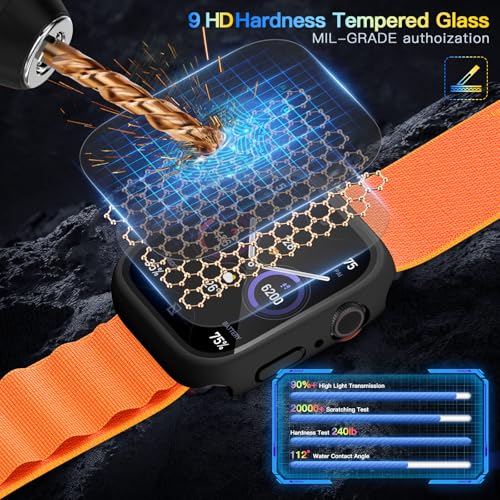 2 Pack Waterproof Privacy Hard PC Case with Tempered Glass Screen Protector for Apple Watch SE 2nd SE 3 Gen Series 6 5 4 44mm, Ultra-Thin Bumper Anti-shock Screen for iWatch Cover Accessories, Black