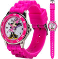 Disney Minnie Mouse Kids' Time Teacher Watch – Pink Rubber Strap, Easy-Read Analog Dial with Minnie Artwork, Enamel Bezel, Educational Watch for Girls – Fits Wrists 5.5" to 8"