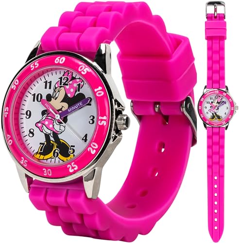 Disney Minnie Mouse Kids' Time Teacher Watch – Pink Rubber Strap, Easy-Read Analog Dial with Minnie Artwork, Enamel Bezel, Educational Watch for Girls – Fits Wrists 5.5" to 8"