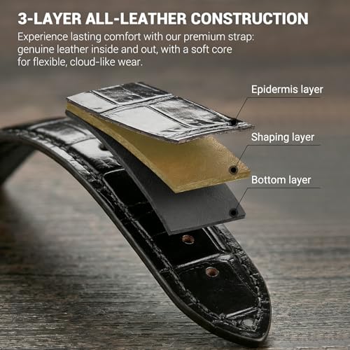 Korwuira 22mm Premium Leather Watch Band for Men, Alligator-Embossed, Black