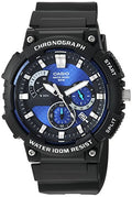 Casio MCW200H Series Men's Analog Watch, Black/Blue, 100M Water Resistant, Retrograde Chronograph, 1/20-Second Stopwatch, Date Display, Multi-Dial Design, Resin Glass, Durable Case and Band, 3-Year Battery