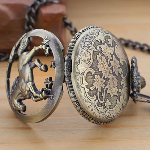 Realpoo Bronze Hollowed Out Horse Quartz Men's Pocket Watch, Arabic Numeral Dial with Chain Pocket Watch for Men