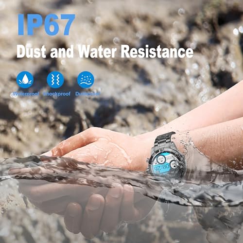 OHUGNA Men's Smart Watch Round HD 1.53" Gold Blue Smart Watches for Men, Multiple Sports Modes, Bluetooth Voice Call. Available for iOS and Android (Black Steel)