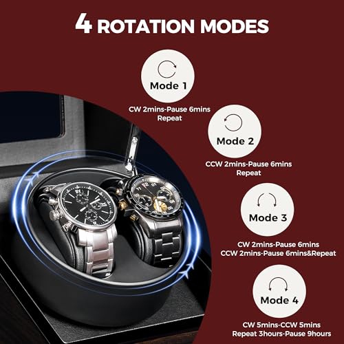 ANWBROAD Watch Winder for Automatic Watches Double with Super Quiet Motor Flexible Watch Pillows LED Backlight Wooden 5 Modes Battery or Type-C Adapter UJWW001Y