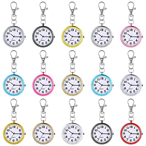 Outus 15 Pieces Quartz Nurse Pocket Watch Round Doctor Brooch with Key Buckle Hanging Nurse Watch Clip on Doctors(Multicolour)