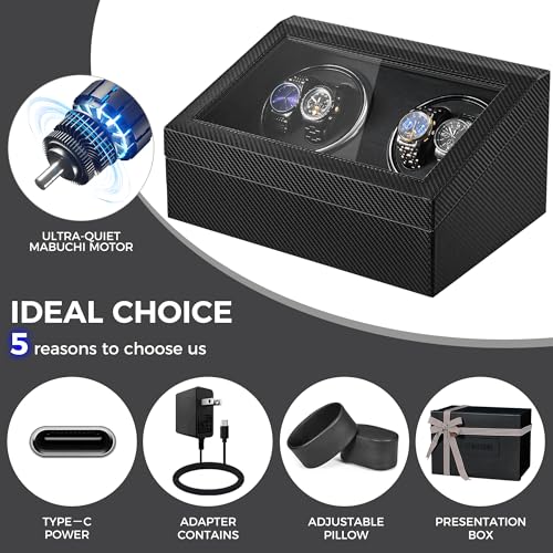BEWISHOME Watch Winders for Automatic Watches, 4 Watch Winder and 6 Storage Case with Quiet Japanese Motor, Automatic Watch Winder Box Watch Rotator with Type-C Adapter, Carbon Fiber SYQ31C