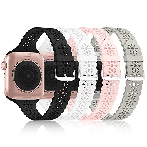 Bandiction 4 Pack Lace Silicone Bands Compatible with Apple Watch Bands 38mm 40mm 41mm 42mm 44mm 45mm 46mm 49mm, Women Slim Thin Hollow-out Wristband for iWatch Series 11 10 9 Ultra 8 SE 7 6 5 4 3 2 1