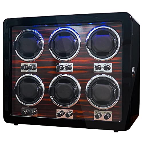 Oryx 6 Watch Winders for Automatic Watches Wooden Rotating Watch Box 15 Rotation Modes Setting Display Case with LED Light, AC or USB Powered Super Quiet Mabuchi Motor