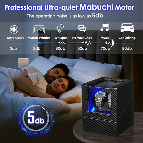 BEWISHOME Watch Winder for Automatic Watches, Double Watch Widner with Led Light 4 Modes, Automatic Watch Winder Box Watch Spinner with Japanese Quiet Motor Type-C Adapter or Battery Powered, SYQ02C