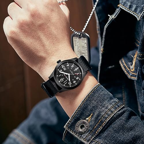 GOLDEN HOUR Men's Nylon Slip-Thru Strap Watch with Military Time Easy Read Dial Glowing Hands in Black