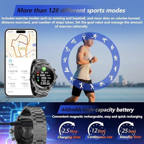 OHUGNA Men's Smart Watch Round HD 1.53" Gold Blue Smart Watches for Men, Multiple Sports Modes, Bluetooth Voice Call. Available for iOS and Android (All Black Steel Strap)