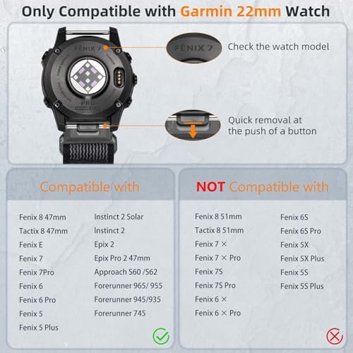 IMIVIO Compatible with Garmin Watch Band, 22mm Quickfit Nylon Replacement Sport Watch Bands Compatible with Garmin Fenix 8 & Tactix 8 AMOLED 47mm/Fenix E/7 Pro/7/6/6 Pro/5/5 Plus/Forerunner 945/965