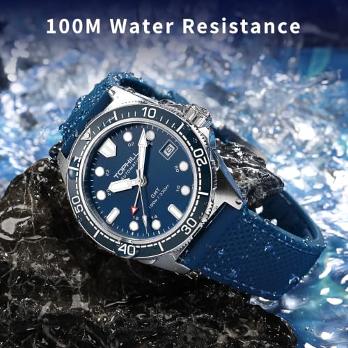 TOPHILL Mens Watches GMT Automatic Dive Watch|39.5mm 316L Steel Dive Watch|NH34 Movement|Sapphire Crystal|Ceramic Bezel|10ATM Water Resistant|BGW9 Luminous Rubber Strap Watch for Men (TD011G.G1358-02)